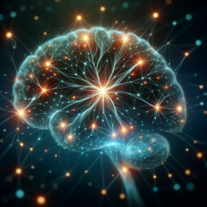 Image représentant un réseau neuronal complexe avec des synapses lumineuses, illustrant la neuroplasticité. Le fond sombre met en contraste le réseau détaillé et lumineux des neurones, symbolisant l'adaptabilité et la connectivité du cerveau.
