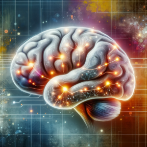Illustration artistique d'un cerveau humain avec des zones brillantes indiquant l'activité neuronale et la neuroplasticité. Le cerveau est entouré d'un fond abstrait aux couleurs douces, symbolisant la dynamique et l'adaptabilité de la plasticité cérébrale.